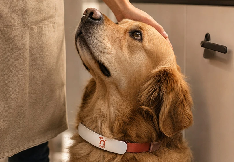 A golden retriever in a Traini collar looking up at its owner