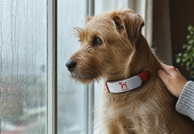 A terrier in a Traini collar watching a rainy window